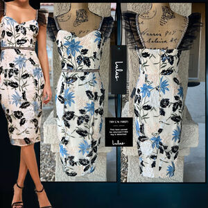 Lulus Show Stopper Cream Embroidered Sequin Bodycon Midi Dress Size S